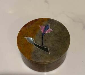 Vintage Natural Stone Trinket Box features a floral inlay made Abalone and Mothe